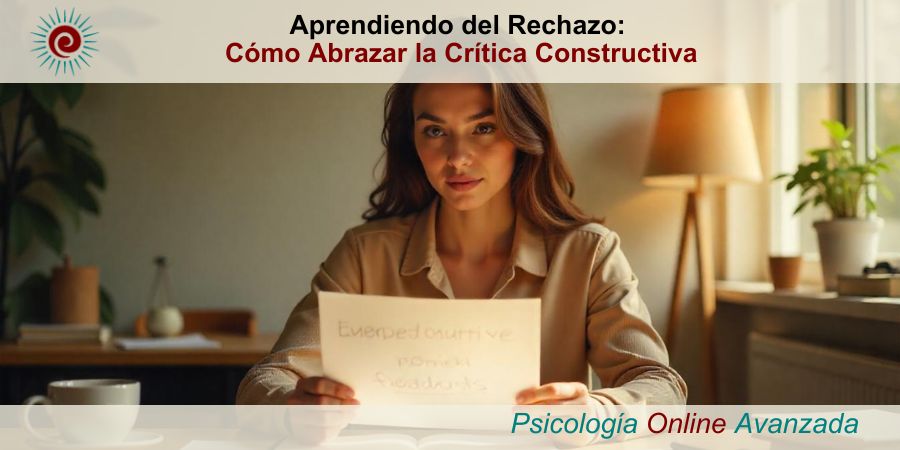 Persona reflexionando sobre una hoja de papel con comentarios de crítica constructiva, sentada en un escritorio organizado. Imagen que simboliza la aceptación y el aprendizaje del rechazo para crecer personalmente.