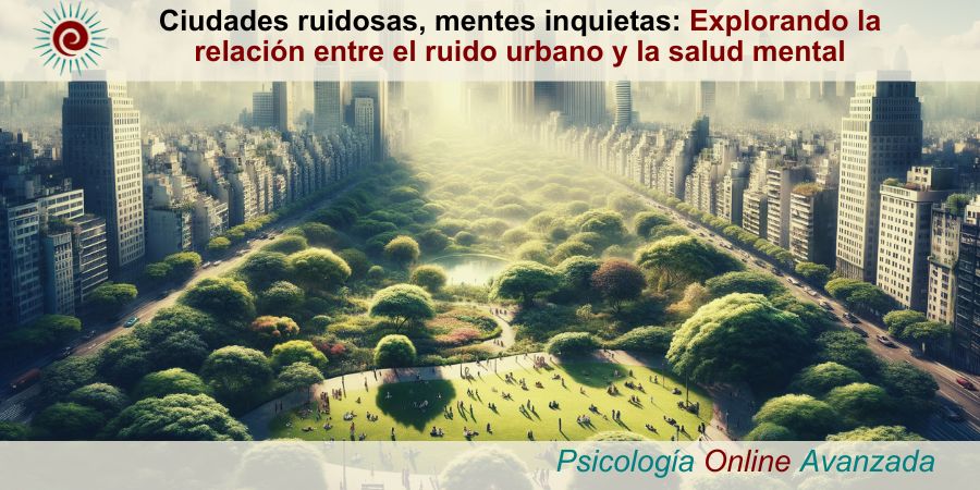 Escena urbana realista con un parque en primer plano, ilustrando el contraste entre la naturaleza tranquila y el bullicio de la ciudad. La imagen muestra un área verde serena y exuberante con personas relajándose, frente a un fondo de edificios altos y tráfico urbano. Este paisaje urbano representa visualmente el tema del artículo 'Ciudades ruidosas, mentes inquietas: Explorando la relación entre el ruido urbano y la salud mental', destacando la búsqueda de paz y bienestar mental en medio de la vida ajetreada de la ciudad.
