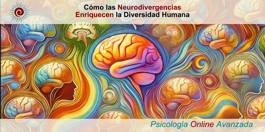Cómo las Neurodivergencias Enriquecen la Diversidad Humana. Ilustración de varios cerebros humanos estilizados, representando condiciones neurodivergentes como el TDAH, autismo y dislexia.