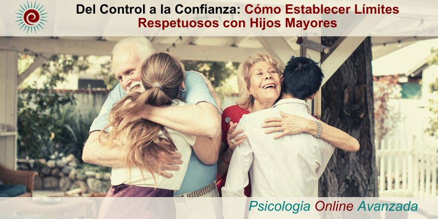 Del Control a la Confianza: Como Establecer Limites Respetuosos con Hijos Mayores. Padres mayores sonrientes abrazan cálidamente a sus hijos adultos en un momento de unión familiar, simbolizando la transición de control a confianza y el establecimiento de limites respetuosos.