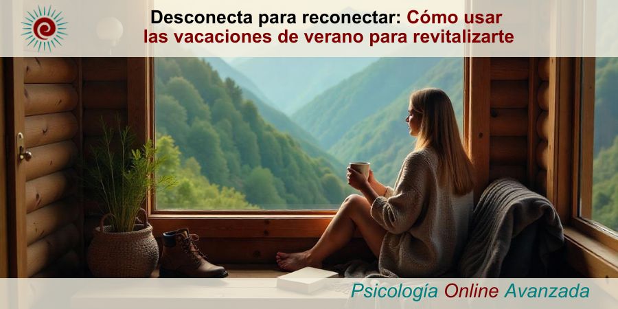 Mujer relajándose en una cabaña de montaña, disfrutando de una taza de café mientras contempla una vista panorámica de valles y montañas. Imagen que simboliza la desconexión y la revitalización durante las vacaciones de verano.