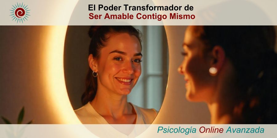 Persona mirándose en un espejo con una expresión amable y compasiva, reflejando luz cálida que simboliza autocompasión y crecimiento emocional. Imagen poderosa que representa el amor propio y la transformación interior.