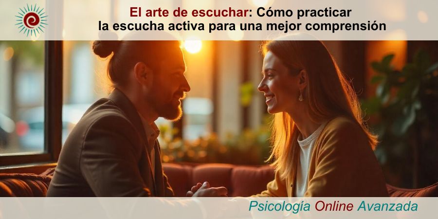 Hombre y mujer sentados juntos en un café, manteniendo una conversación profunda. La mujer habla mientras el hombre practica la escucha activa, con contacto visual y expresión atenta. Imagen que representa la conexión y la comunicación efectiva.