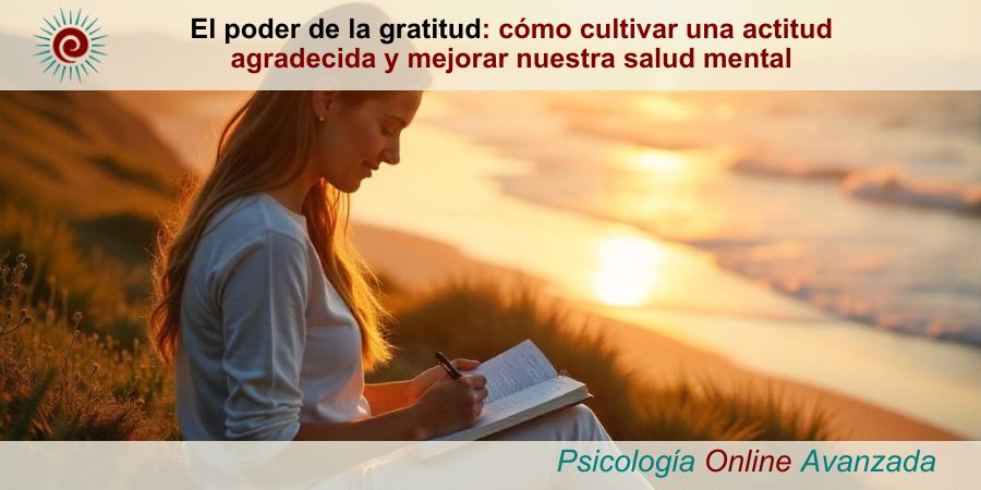 Persona sentada en una colina al atardecer, escribiendo en un diario de gratitud mientras disfruta de un momento de reflexión y paz. Imagen que representa la práctica de la gratitud y su impacto en la salud mental.