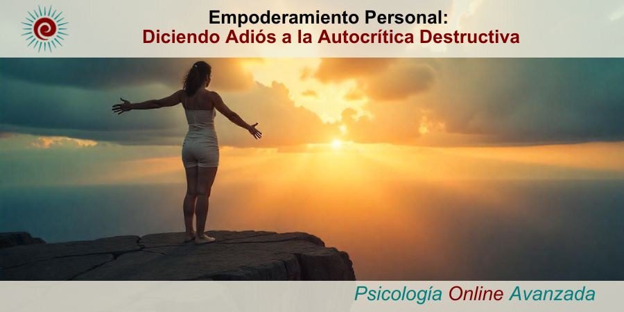 Mujer empoderada de pie en un acantilado, con los brazos abiertos y mirando hacia un horizonte brillante, simbolizando la superación de la autocrítica destructiva y la llegada de un futuro positivo.