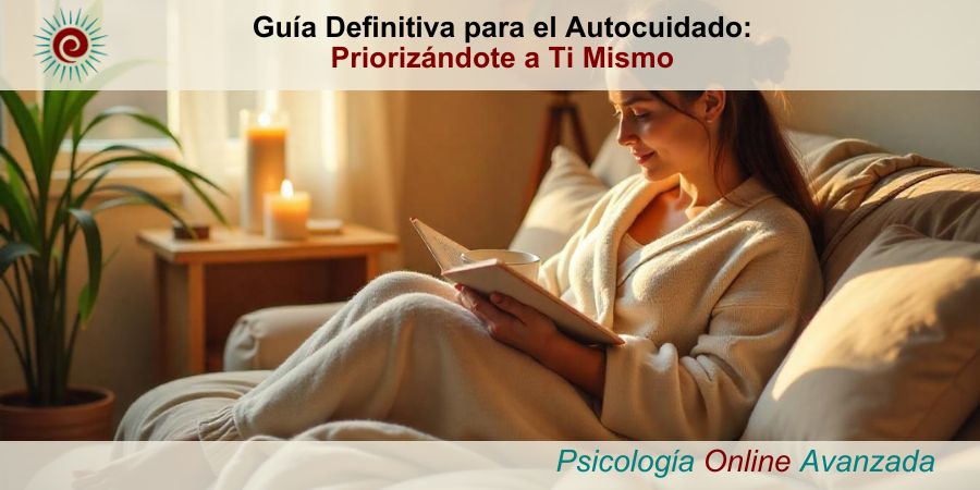 Persona disfrutando de un momento de autocuidado en casa: sentada en un sofá con una manta suave, tomando una taza de té y leyendo un libro. Escena acogedora con velas y plantas, que transmite relajación y bienestar emocional.