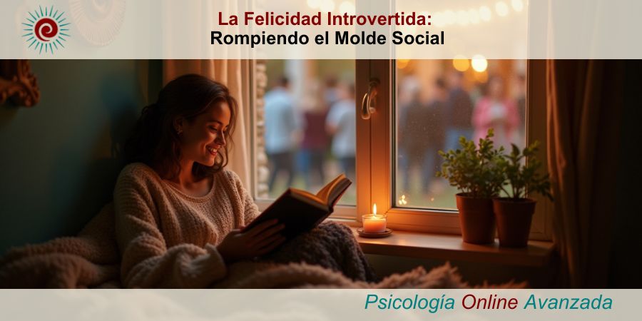 Persona introvertida feliz leyendo un libro en un rincón acogedor, mientras una fiesta social borrosa ocurre fuera de la ventana. Imagen que contrasta la felicidad introvertida con las expectativas sociales.