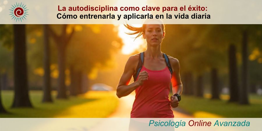 Mujer corriendo en un parque al amanecer, con expresión determinada y enfoque, simbolizando la autodisciplina y la perseverancia en la vida diaria