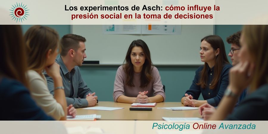 Mujer en una reunión de trabajo, mostrando incomodidad mientras sus compañeros expresan una opinión unánime. Imagen que ilustra la presión social y la conformidad en la toma de decisiones.