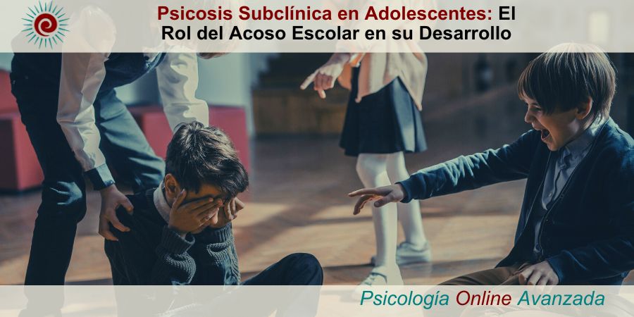 Psicosis Subclinica en Adolescentes: El Rol del Acoso Escolar en su Desarrollo. Bullying. Niños en uniforme escolar señalando a un compañero aislado y angustiado sentado en el suelo, cubriéndose la cara con las manos, simbolizando el impacto emocional del acoso escolar en los adolescentes.