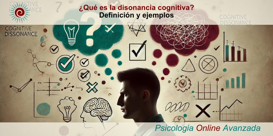 ¿Qué es la disonancia cognitiva? Definición y ejemplos. Imagen de una persona en pose contemplativa con burbujas de pensamiento contradictorias flotando sobre su cabeza.