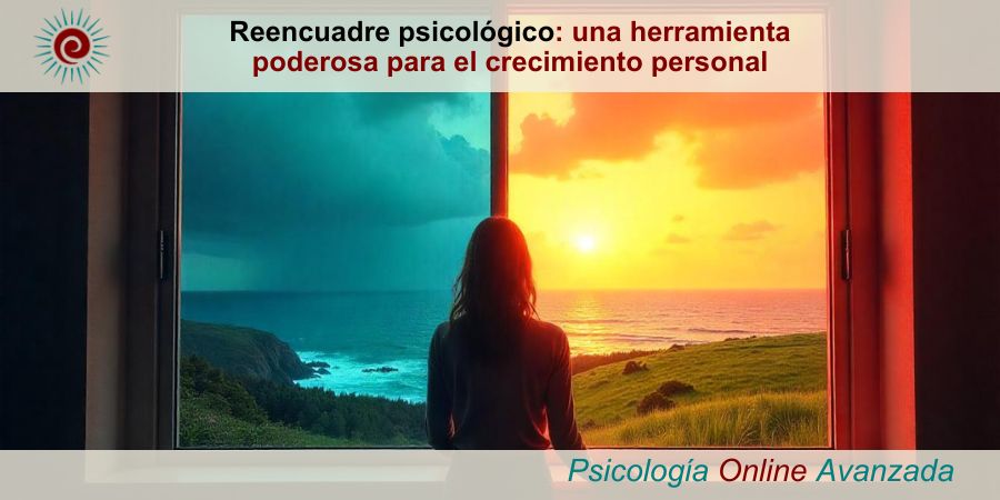 Mujer mirando por una ventana con dos vistas contrastantes: un lado oscuro y tormentoso, y otro brillante y soleado. Imagen que simboliza el reencuadre psicológico y el cambio de perspectiva.