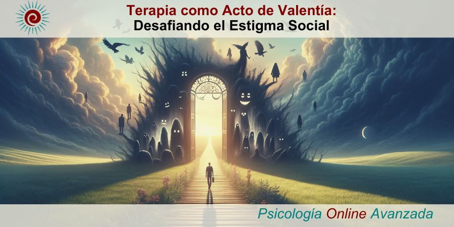 Paisaje sereno con camino iluminado hacia una puerta abierta, simbolizando el viaje de la terapia, con sombras representando estigmas sociales, en un artículo sobre superar el estigma en la terapia.