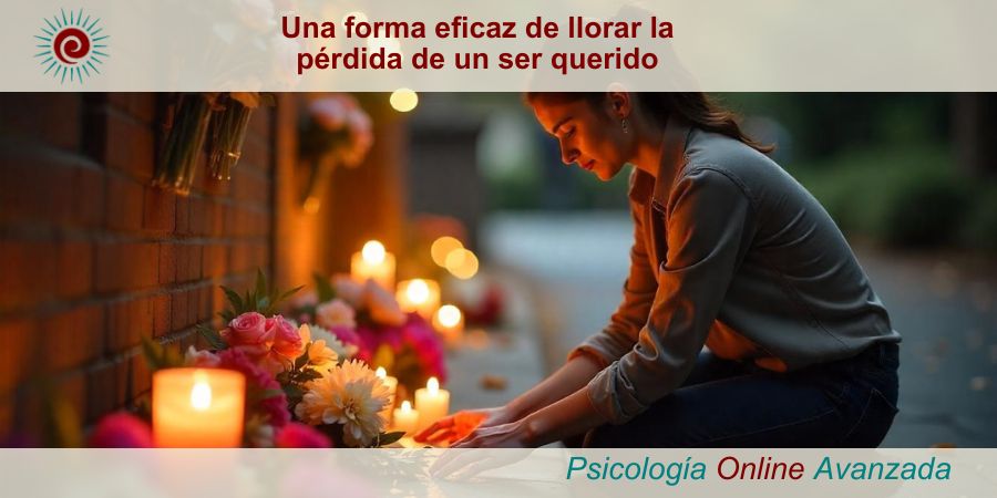 Persona realizando un ritual simbólico de despedida: arrodillada frente a un memorial con velas, flores y objetos personales, honrando la memoria de un ser querido fallecido. Imagen emocional que representa el duelo y la sanación.